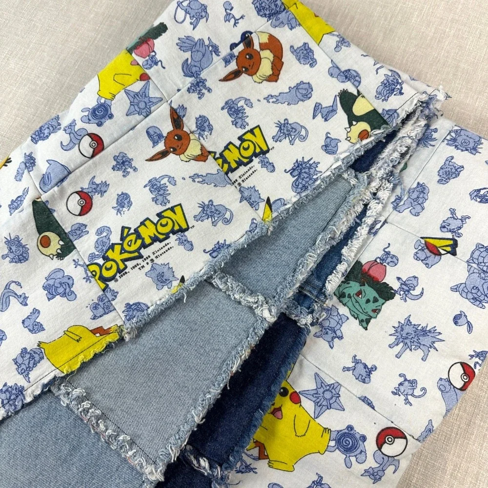 Handmade Pokémon Rag Quilt Denim Patchwork Lap Throw Blanket 40